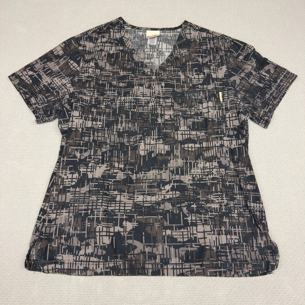 Koi Scrub Top Womens Large Gray Abstract Vneck Workwear Medical Utility Pockets